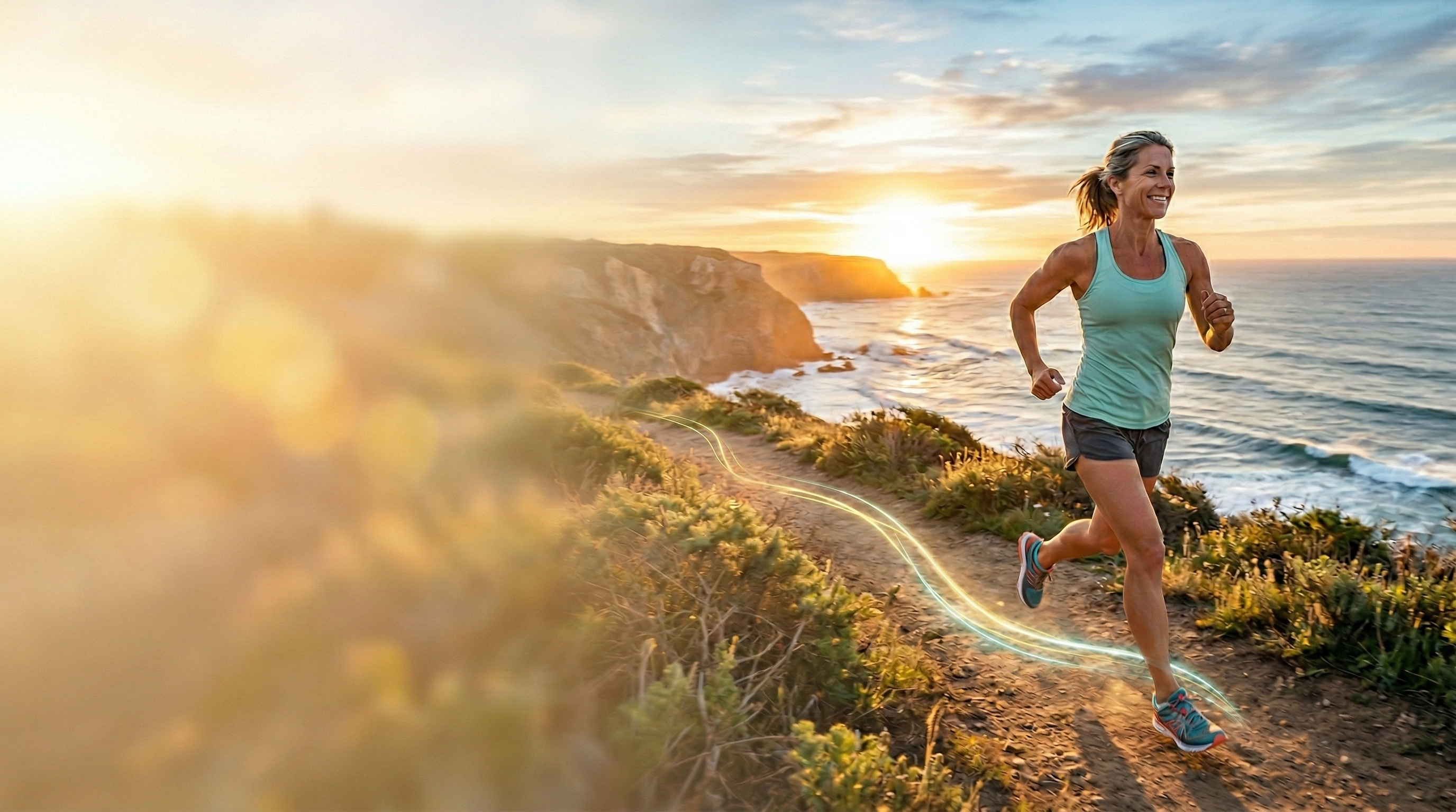 Woman running on coastal trail at sunset — vibrant wellness lifestyle