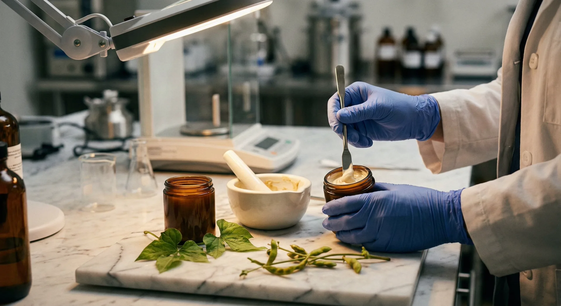 Compounding pharmacist preparing bioidentical hormone cream with botanical ingredients