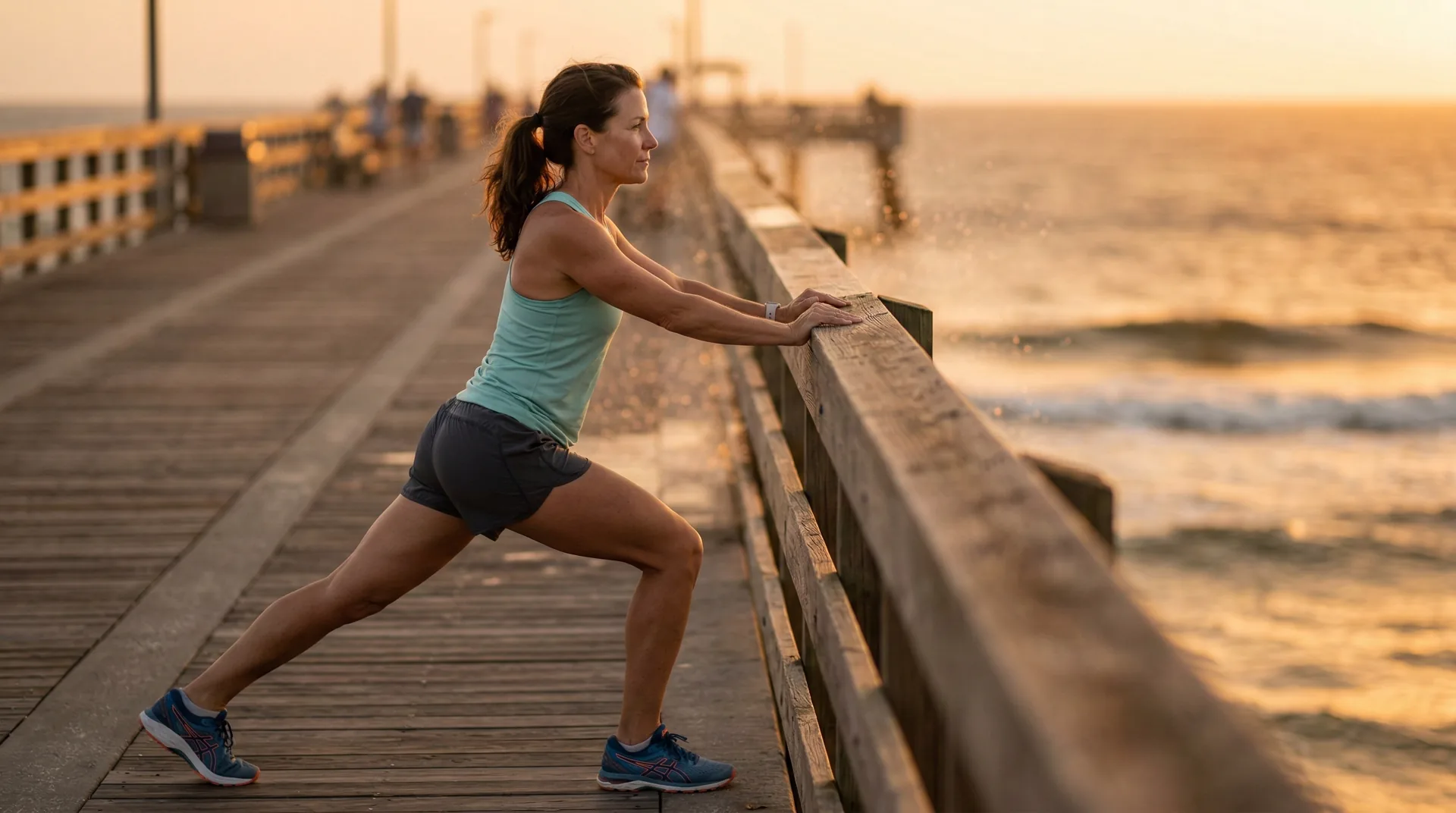Active woman stretching on Pensacola beach pier at golden hour
