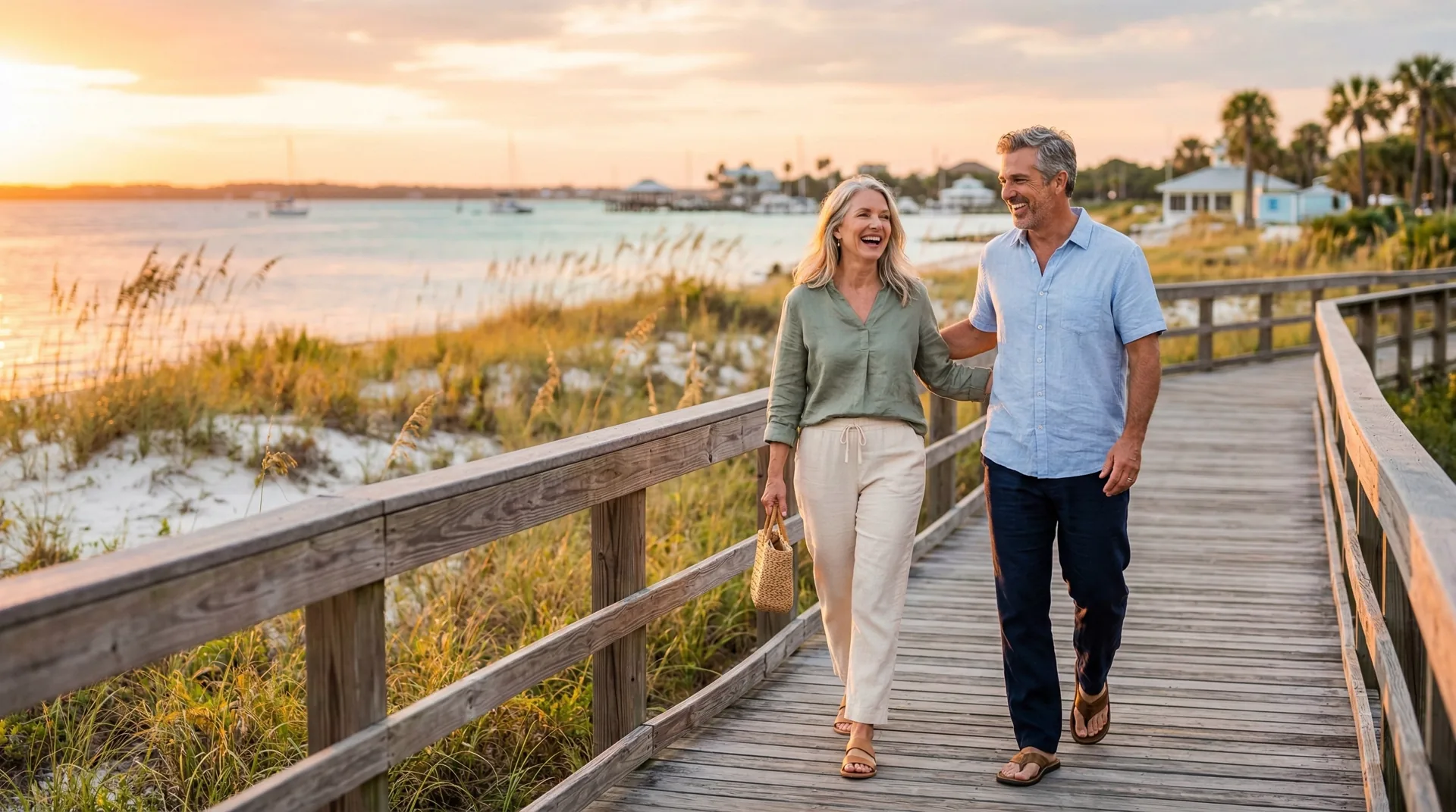 Couple walking along Gulf Coast boardwalk at golden hour — restored energy and vitality