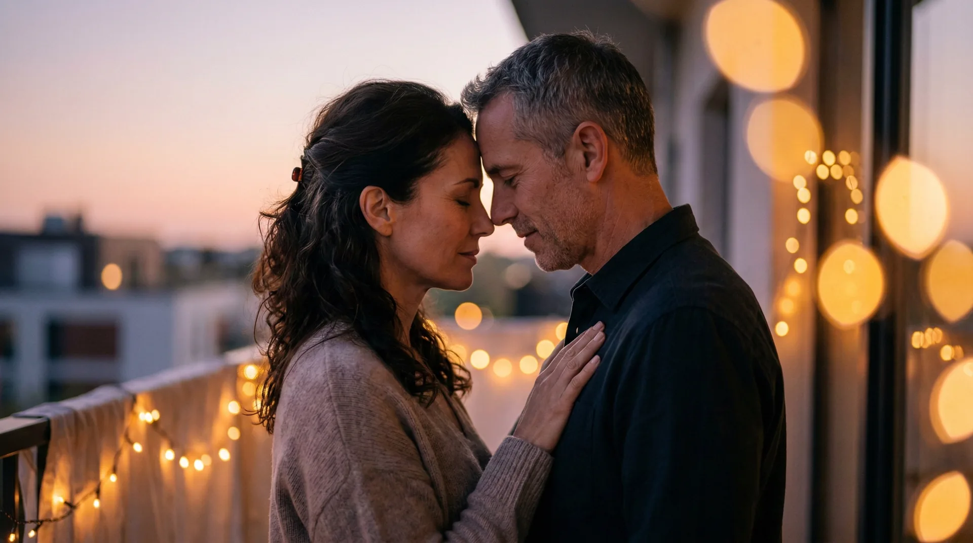Couple standing close together on private balcony at dusk sharing quiet moment
