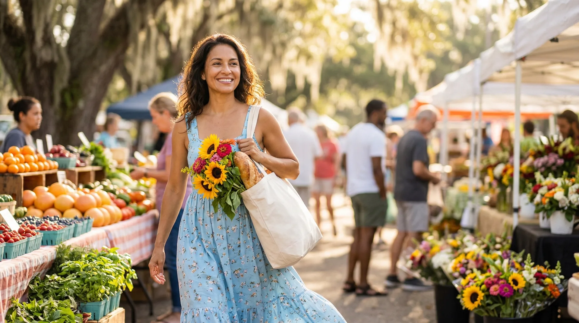 Woman walking through outdoor farmers market on bright Gulf Coast morning