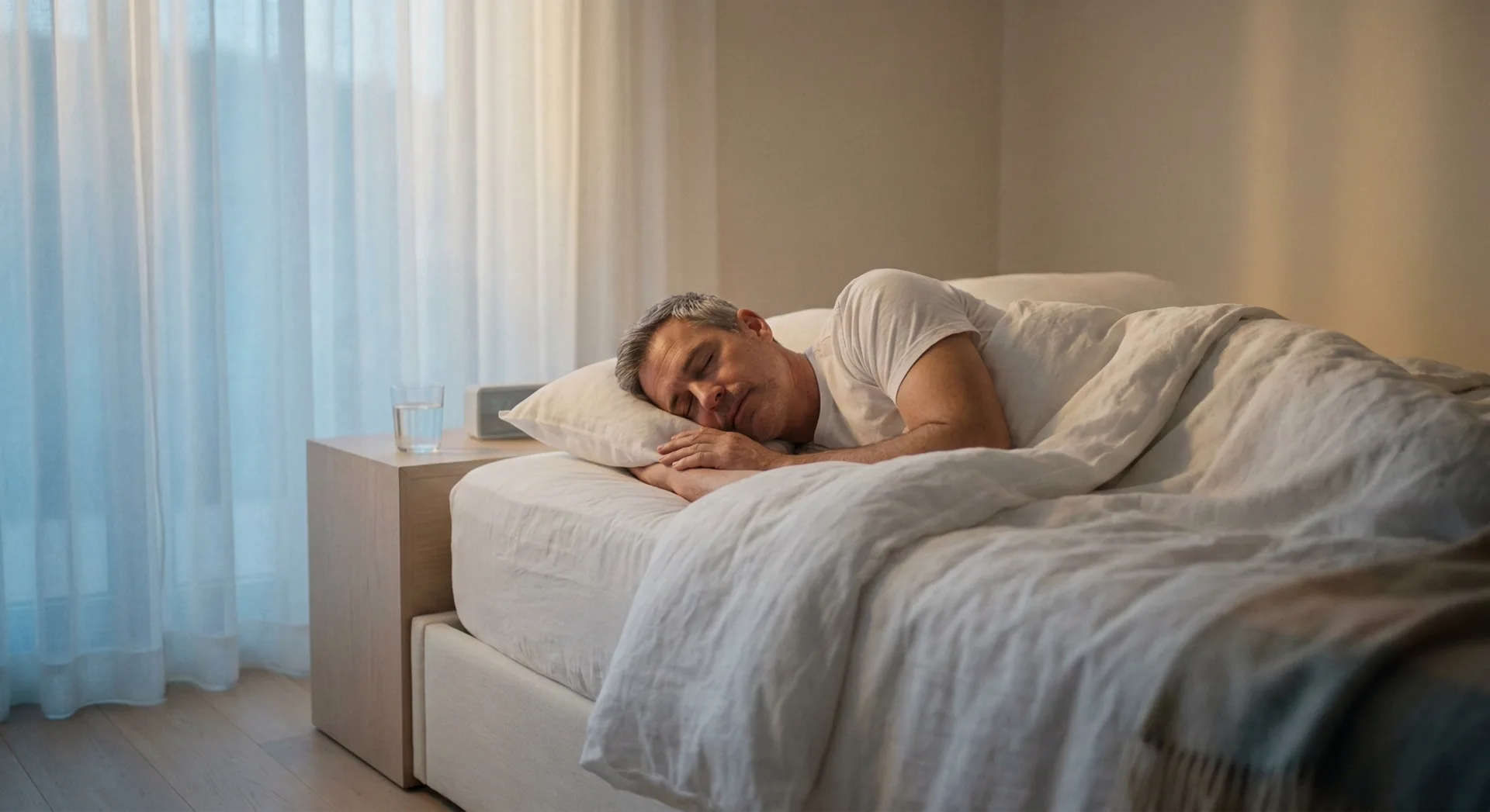 Man sleeping peacefully in white-linen bed with soft morning light