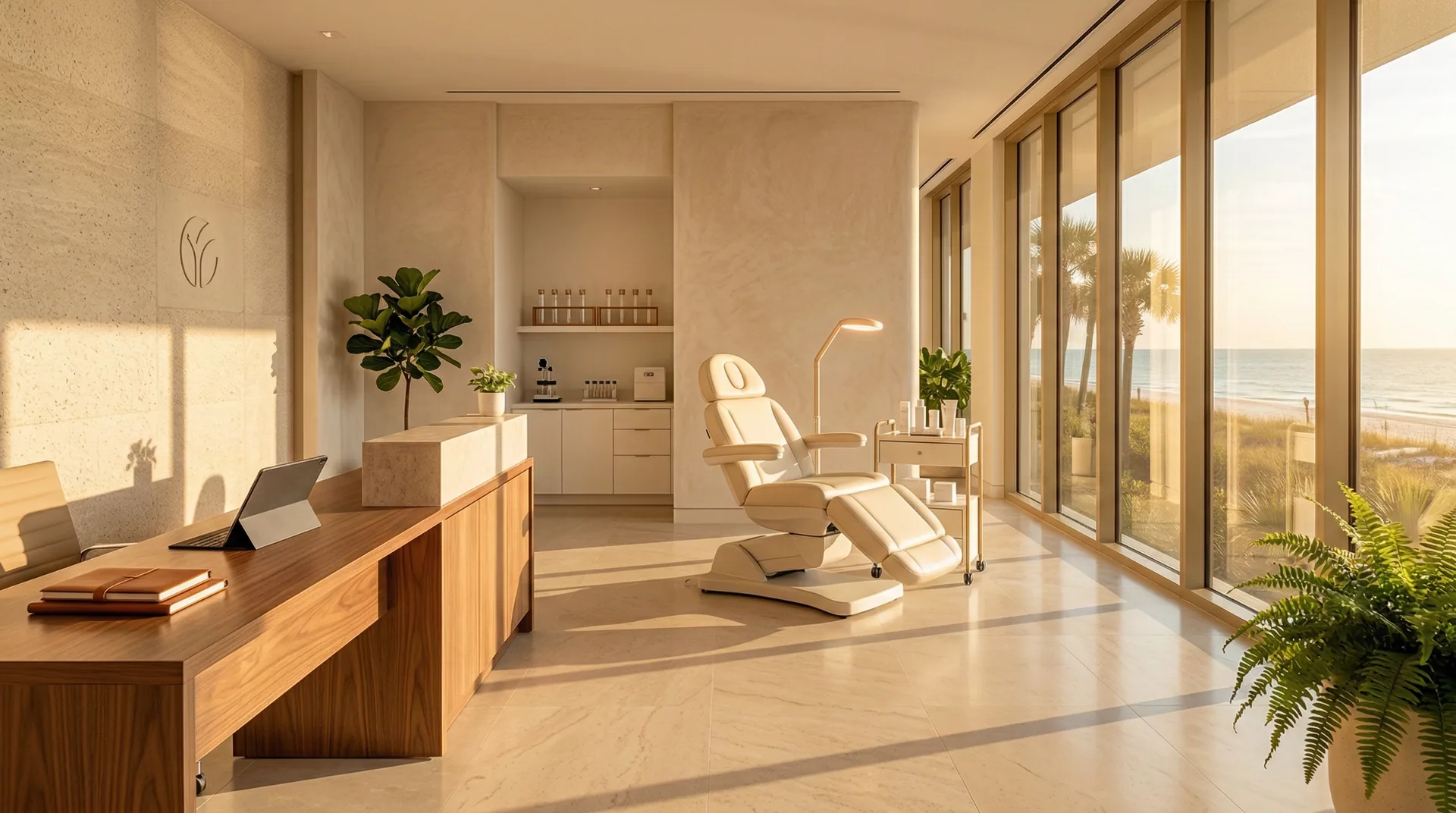 Modern medical wellness clinic interior with three treatment zones in warm Gulf Coast sunlight