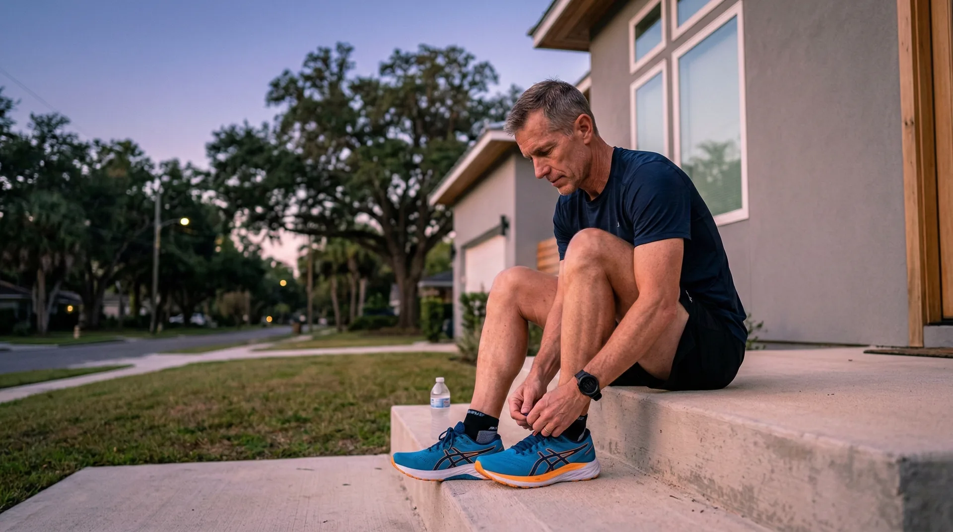 Man lacing up running shoes on front steps at dawn preparing for morning run