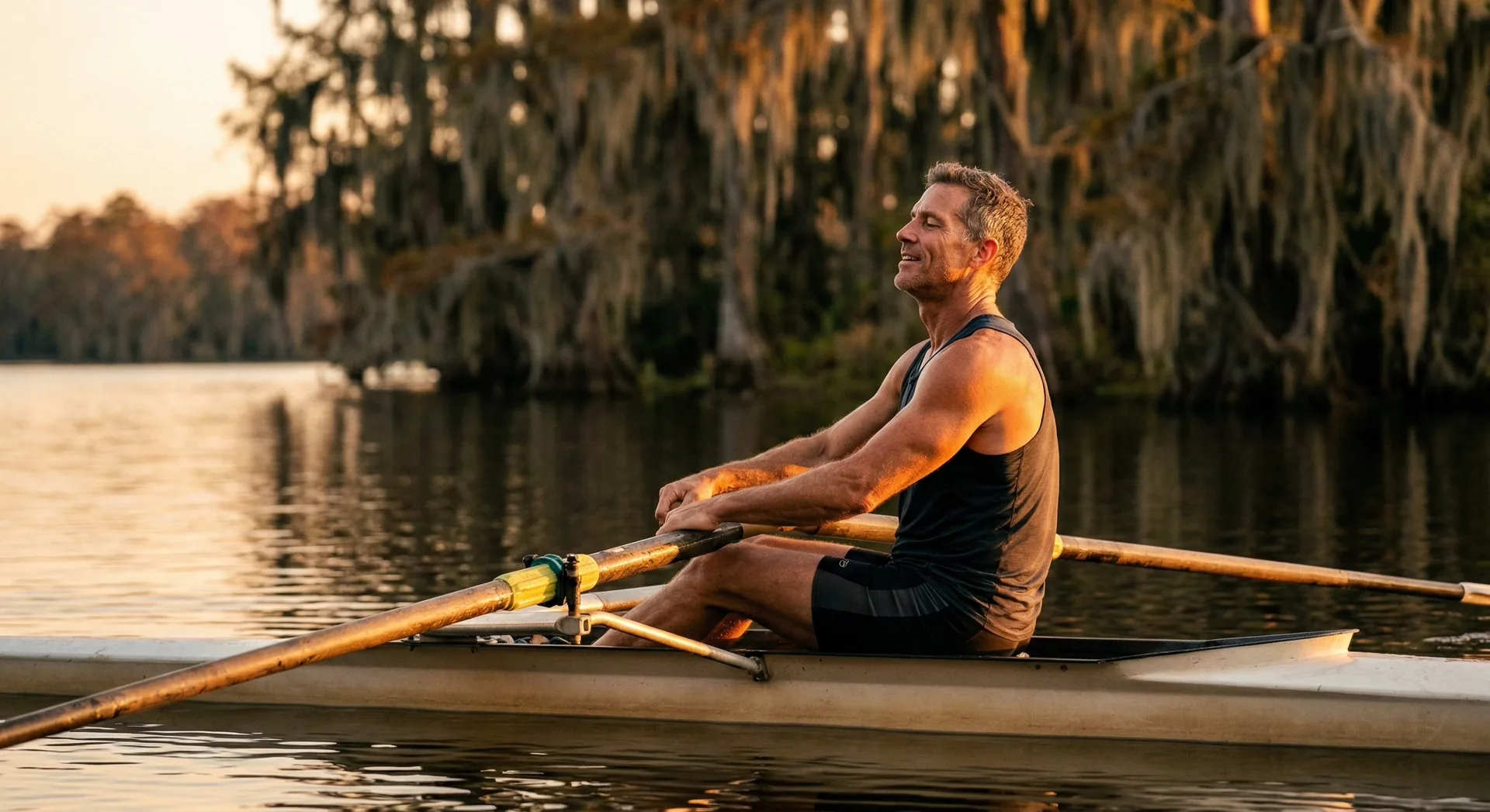 Man finishing outdoor rowing session on calm bayou water at golden hour